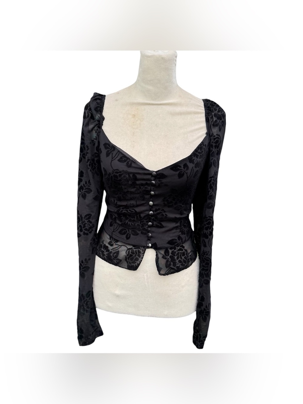 SHEIN Cottagecore Coquette Girly Goth Black Mesh Floral Button Up Blouse Medium